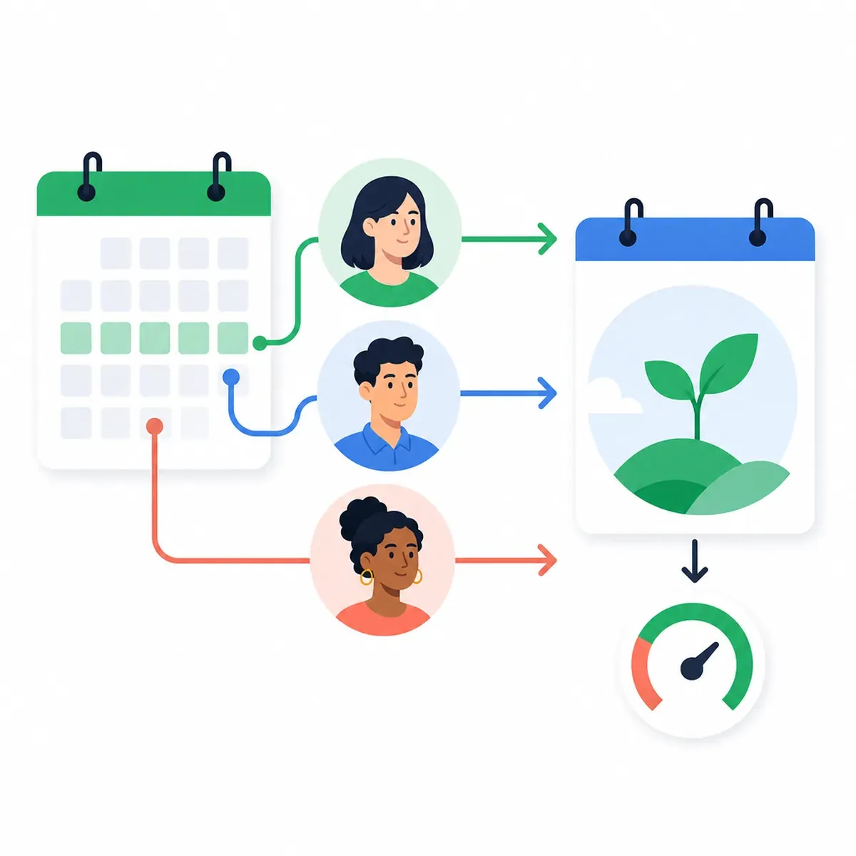 Cohort calculator with employee avatars moving across a 12-month timeline