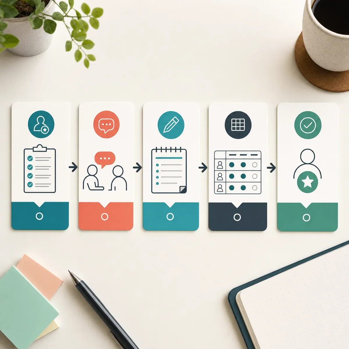 Structured interview workflow shown as connected cards on a desk