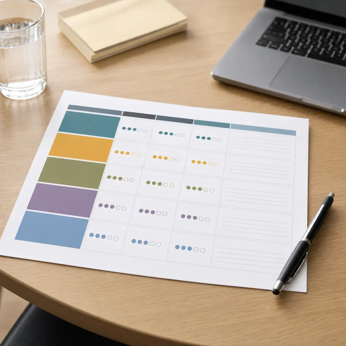 Interview scorecard sheet with rating dots beside a laptop