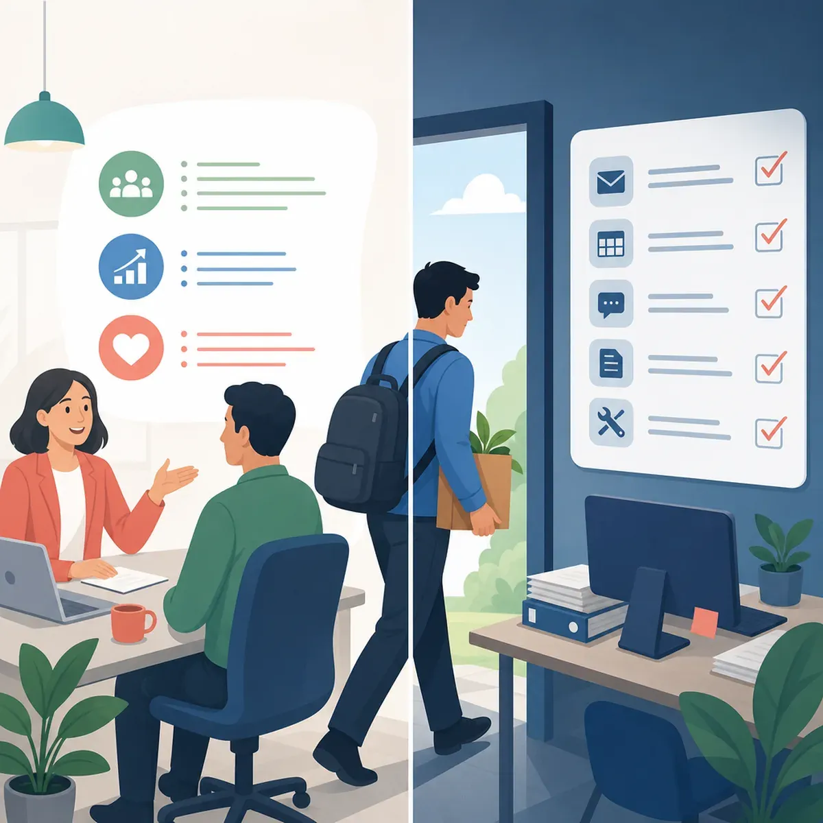 Interview notes contrasted with a practical work checklist for a new hire