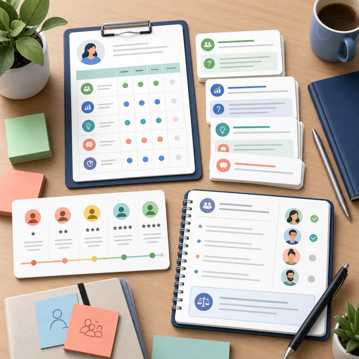 Structured hiring scorecards and question cards arranged for a decision meeting