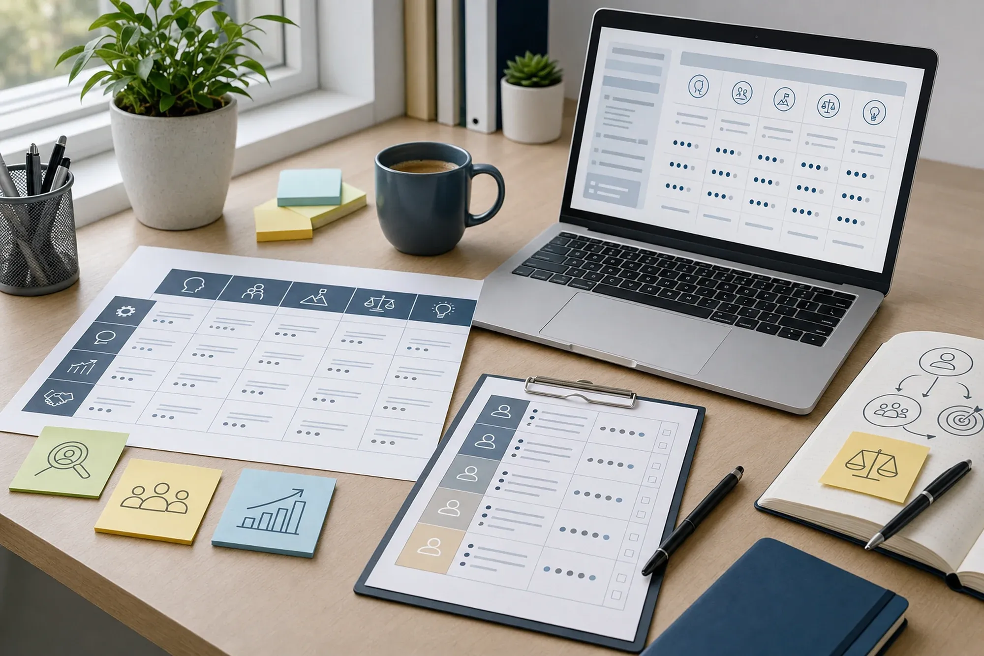 Laptop and paper competency scorecards arranged on a desk