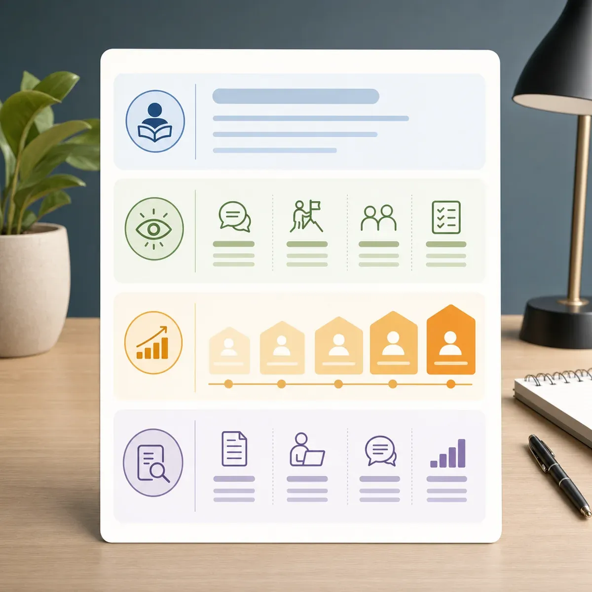 Competency card with behaviour indicators, evidence icons and proficiency levels