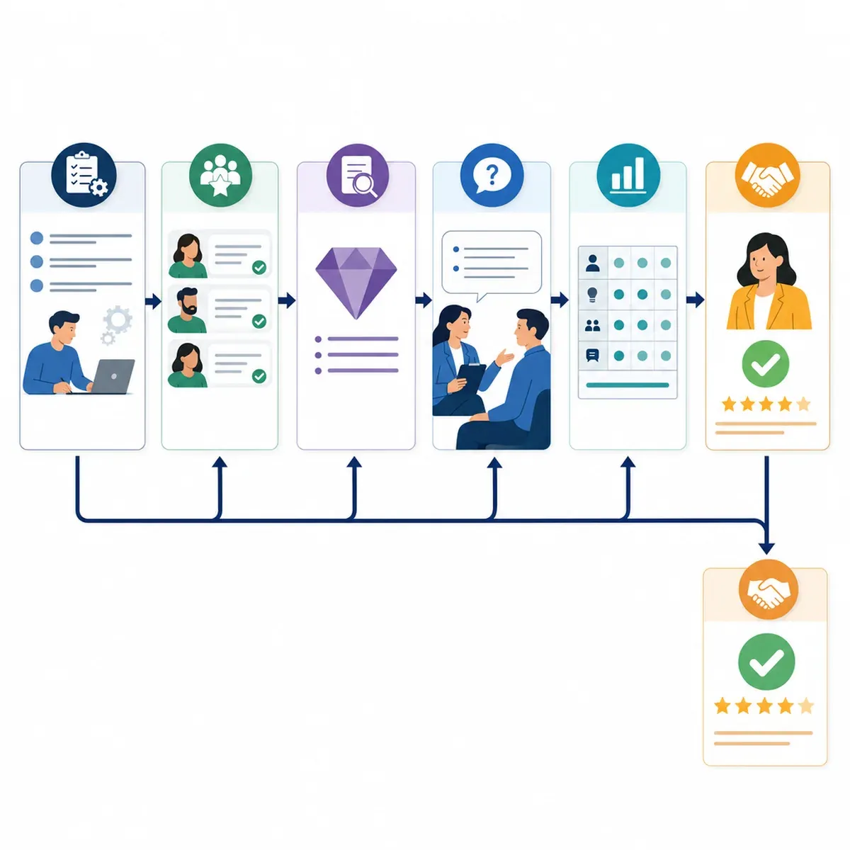 Workflow from job evidence to competency, interview question, scorecard and decision