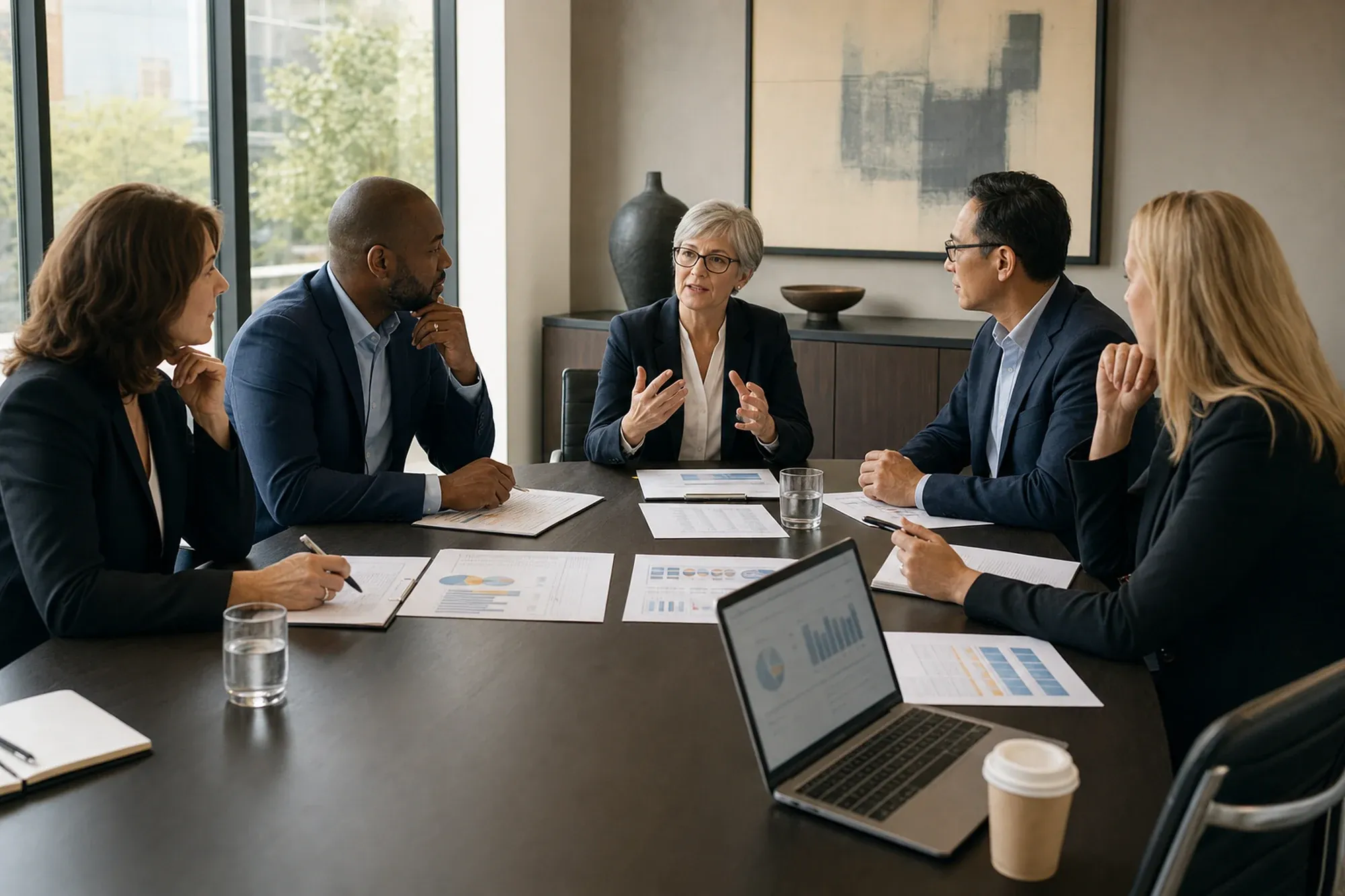 Interviewers reviewing executive hiring scorecards in a modern meeting room