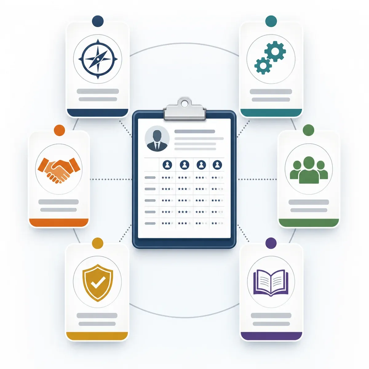 Executive competency cards connected to a structured interview scorecard