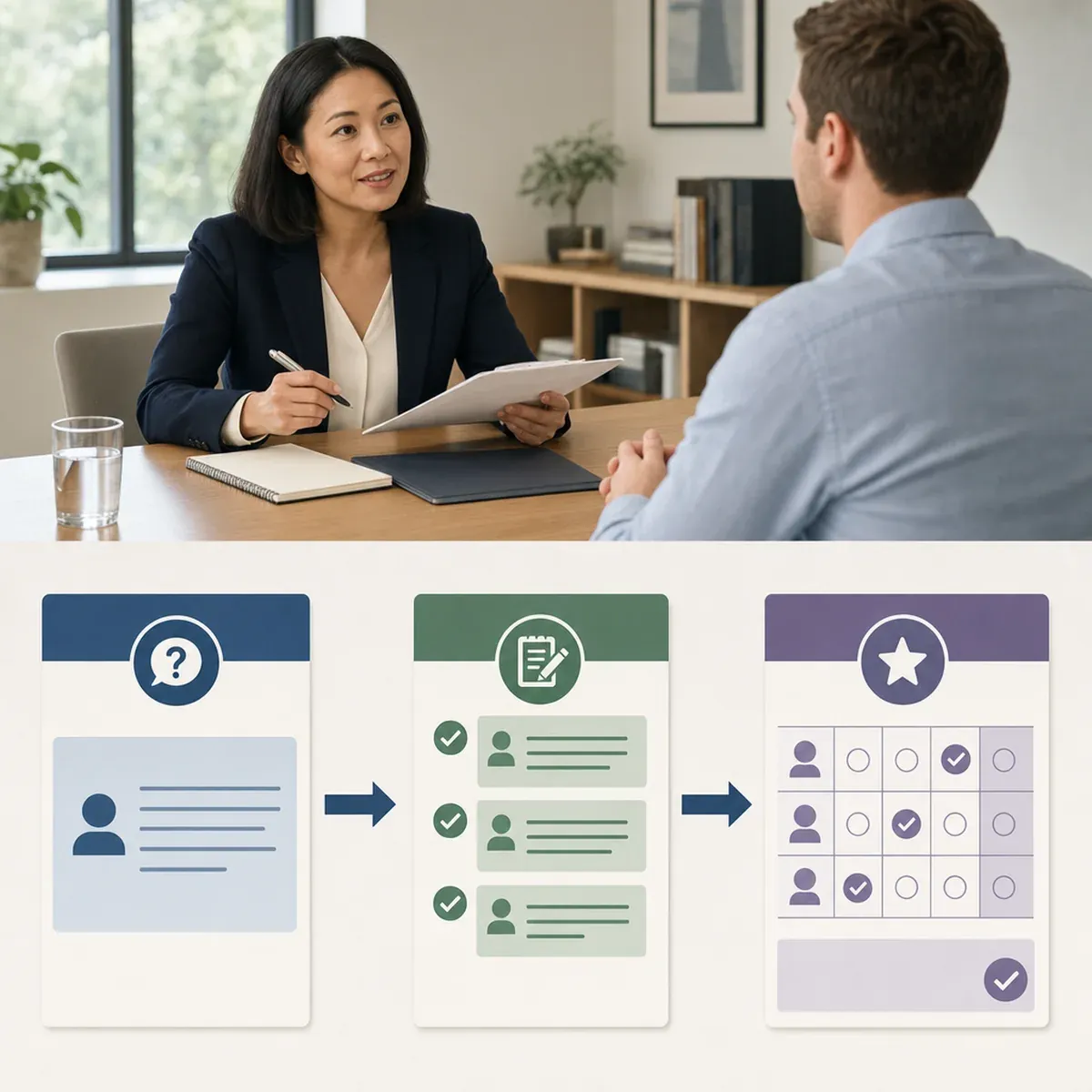Interview question flowing into evidence notes and a scored rubric