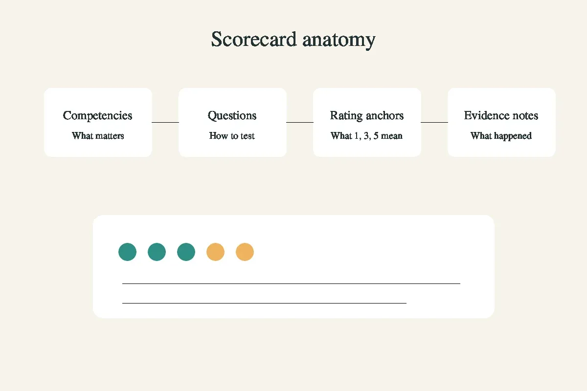 Diagram showing interview scorecard competencies, questions, rating anchors and evidence notes.