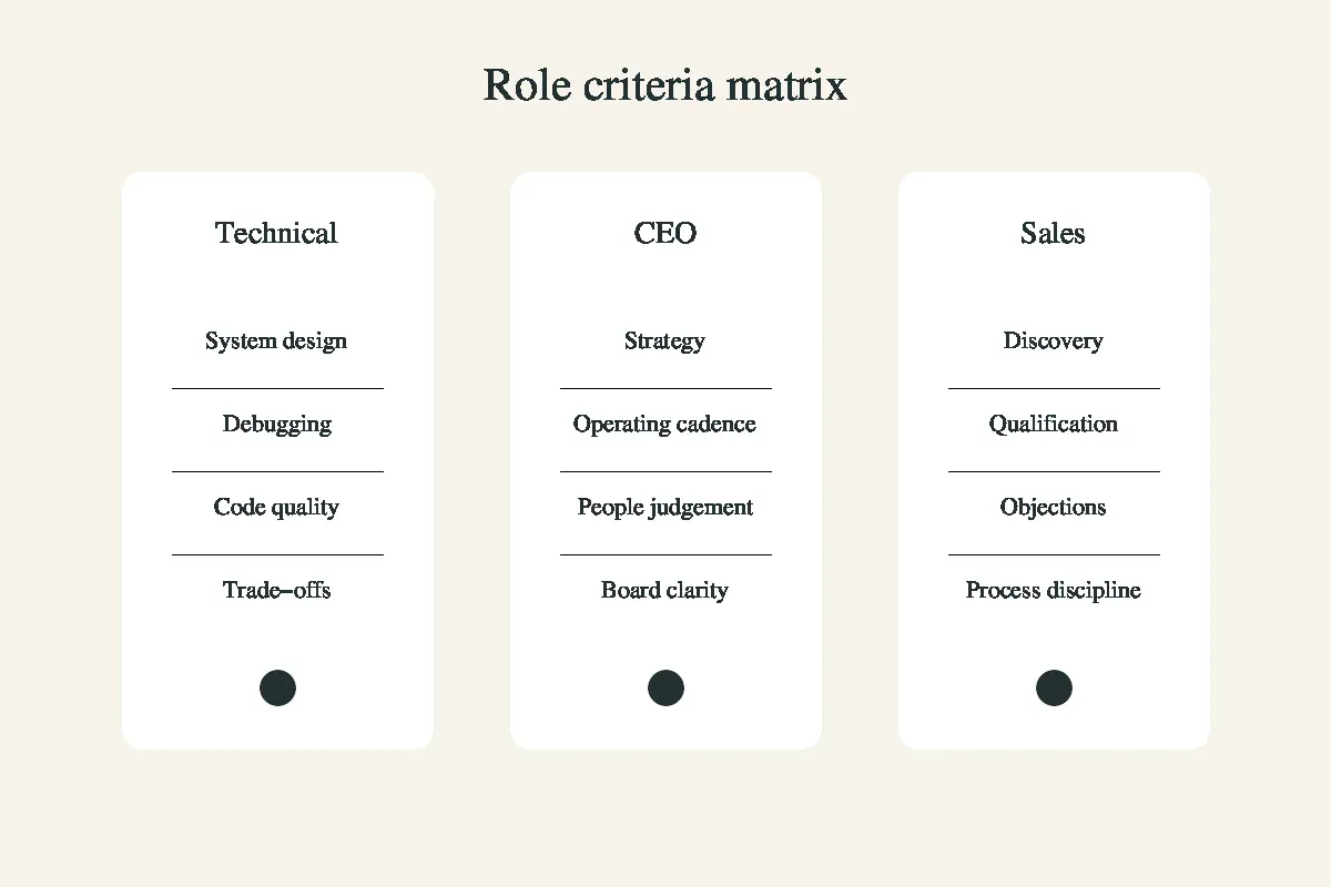 Matrix comparing technical, CEO and sales interview scorecard criteria.
