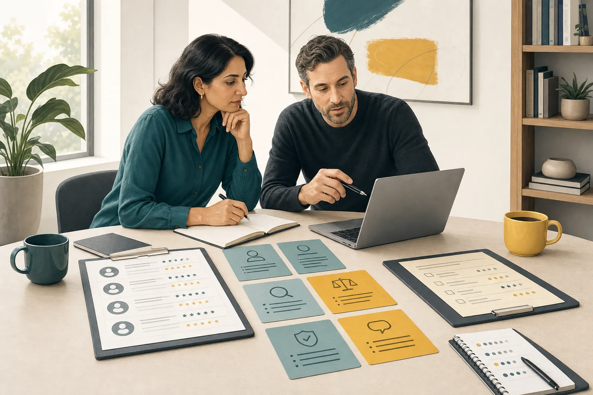 Two hiring managers reviewing candidate scorecards and criteria cards at a laptop