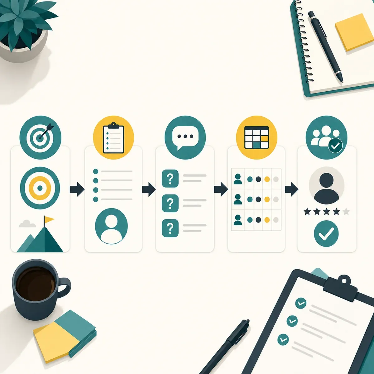 Five-card structured hiring flow with icons for criteria, questions, scorecards and final decision