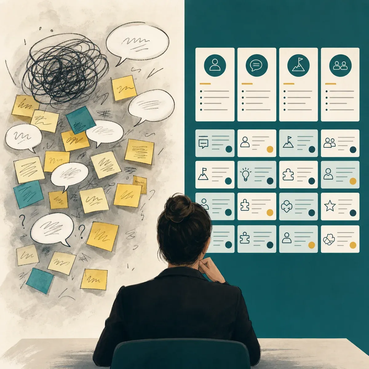Unstructured interview notes beside a neat grid of scored evidence cards