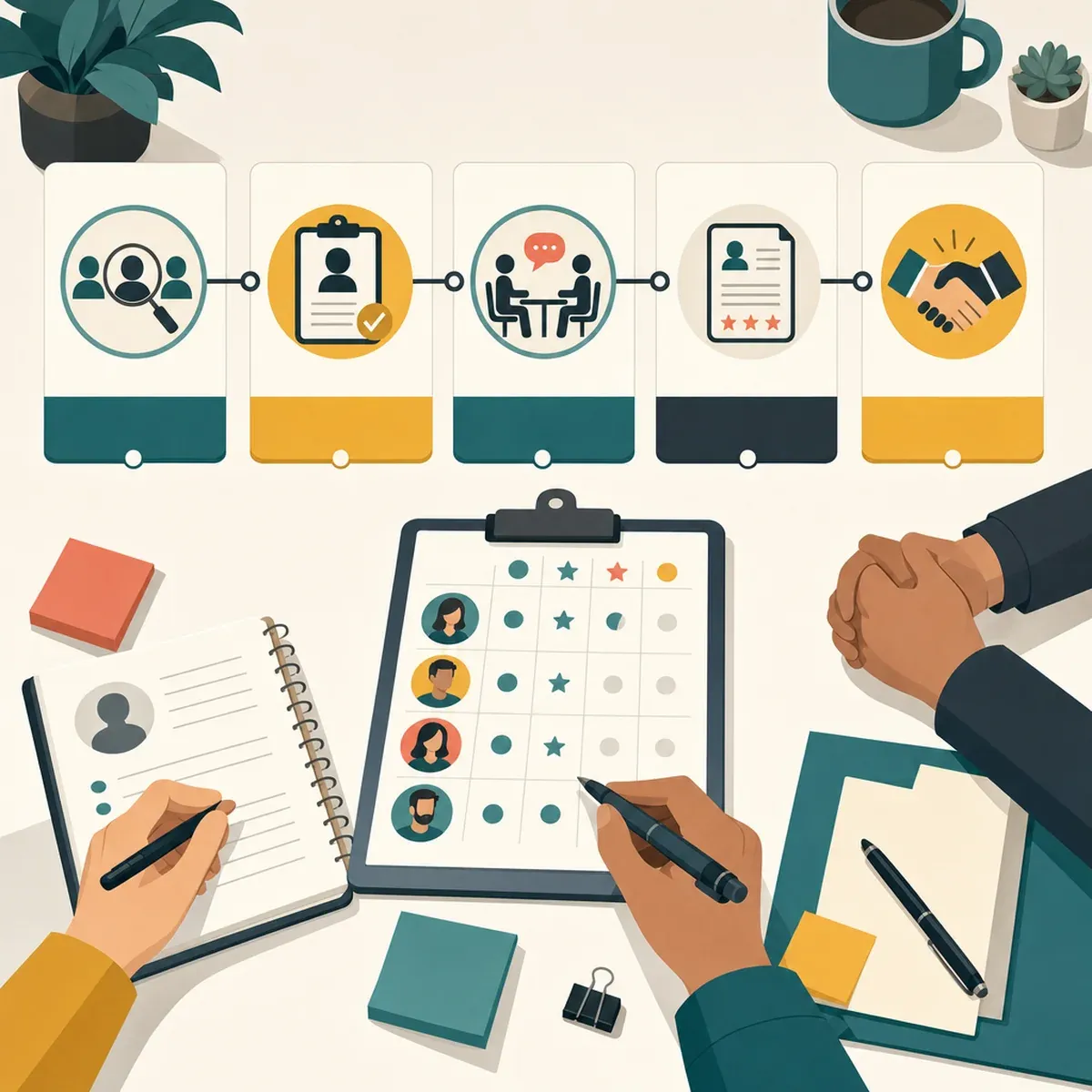 Five-stage hiring workflow above a candidate scorecard and interviewer notes