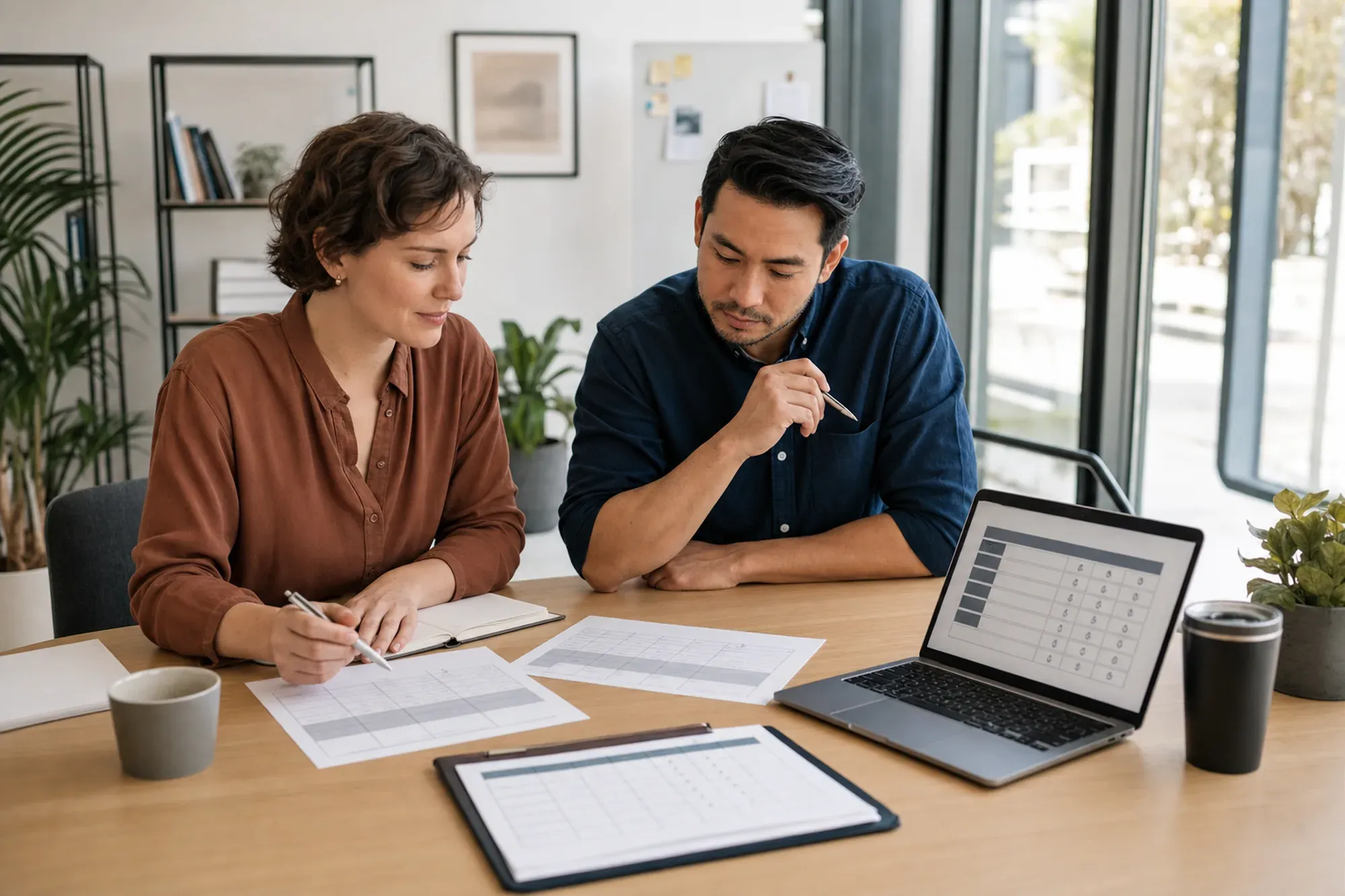 Two interviewers preparing a structured interview scorecard at a desk