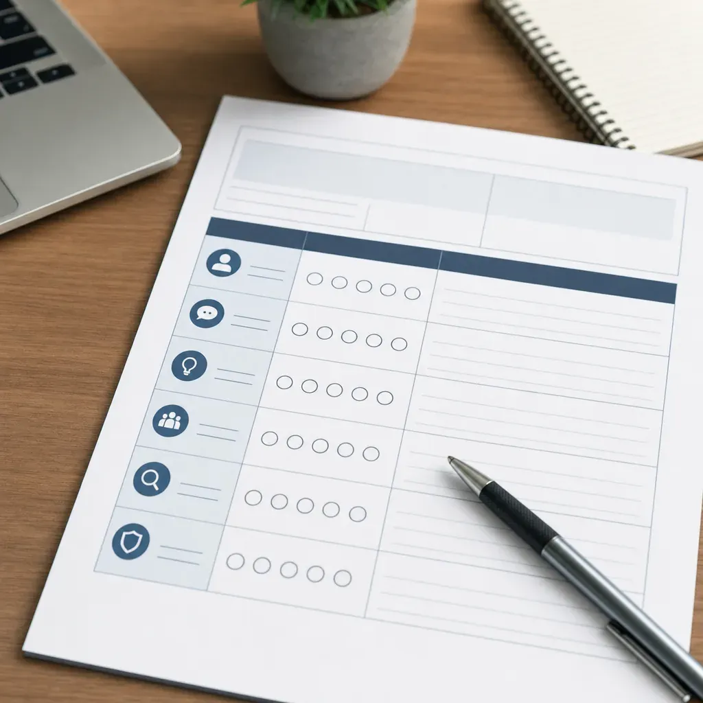 Structured interview scorecard with rating scale and evidence notes