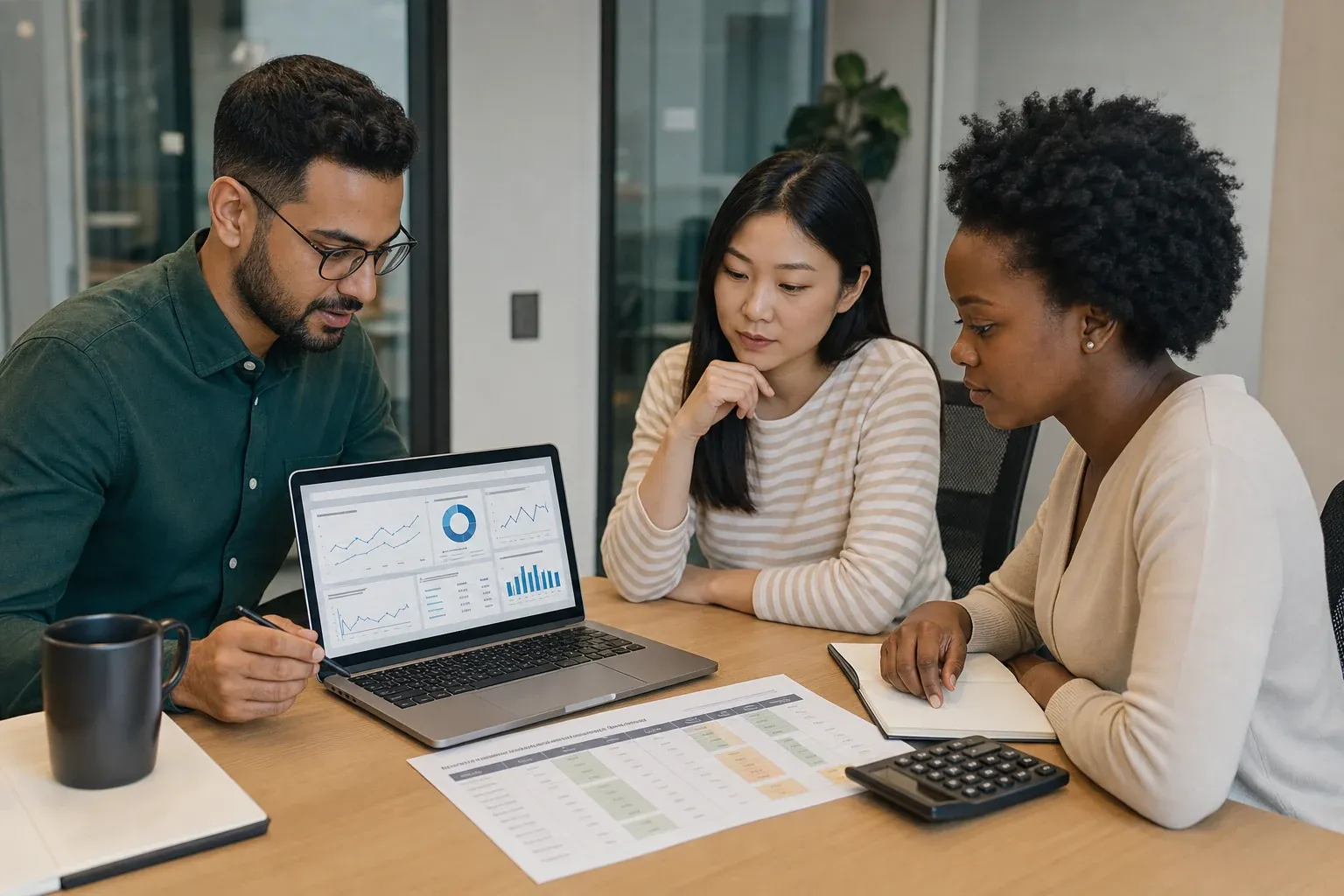 Hiring team reviewing a turnover dashboard and scorecard on a laptop