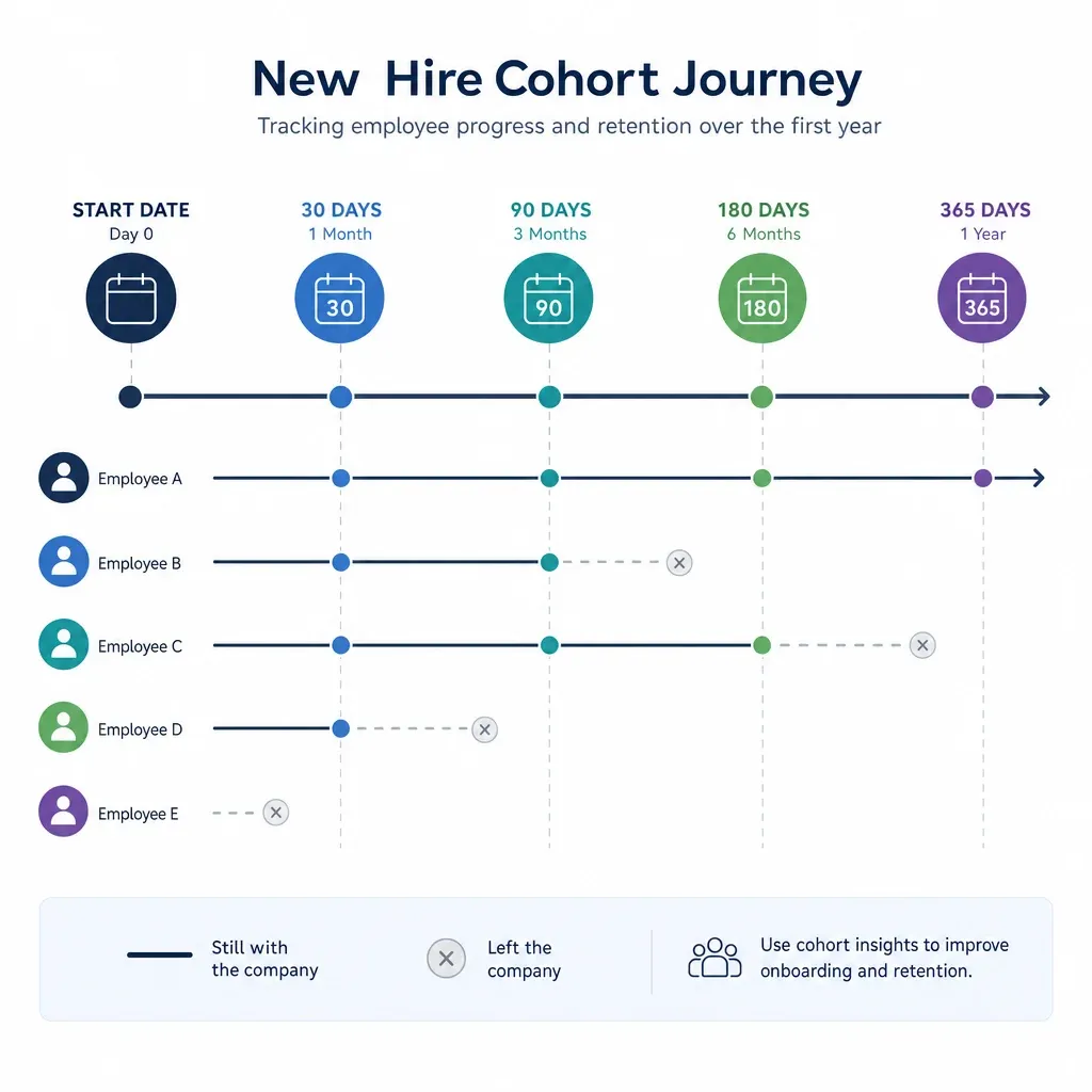 Timeline showing new hire cohort milestones from start date to one year