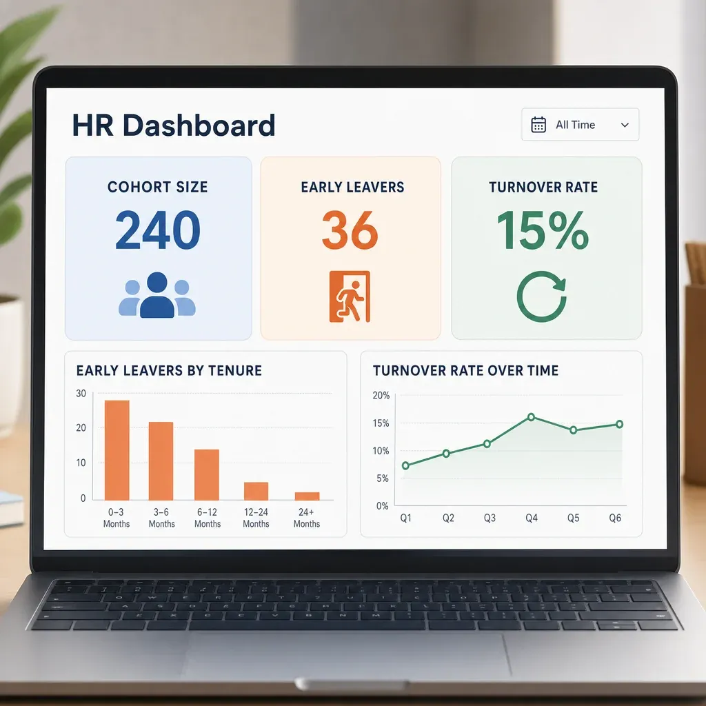 Laptop screen showing cohort size, early leavers and turnover rate dashboard
