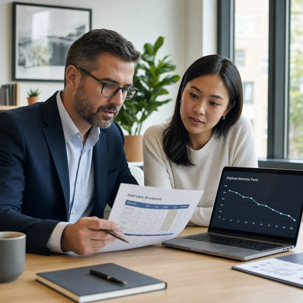 Hiring team reviewing an interview scorecard beside a retention trend chart