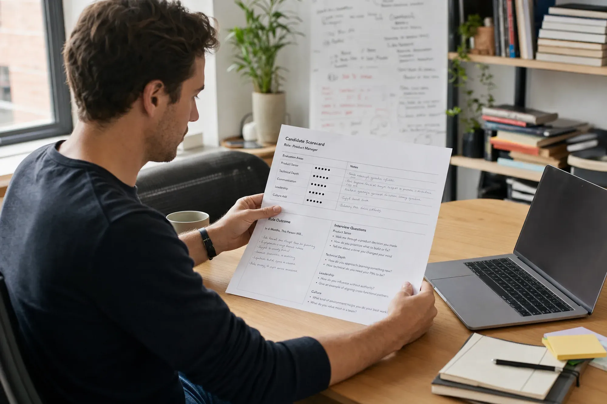 Founder reviewing a candidate scorecard beside interview notes in a startup office