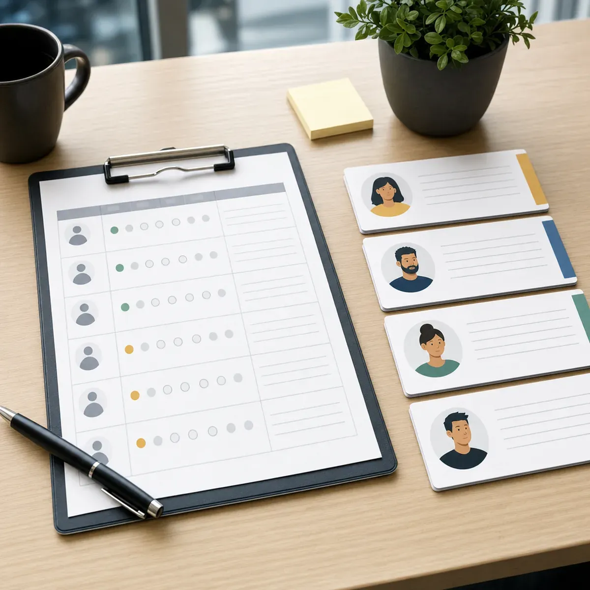 Candidate scorecard sheet beside profile cards on a desk