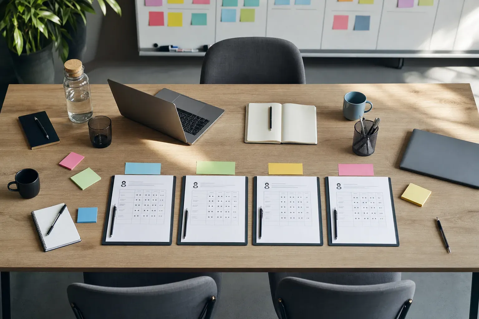 Interview scorecards arranged on a meeting table with laptops, notes and a process board behind