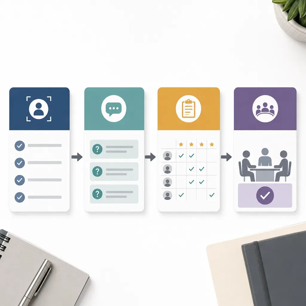 Four connected hiring process cards showing criteria, questions, scorecard and decision stages