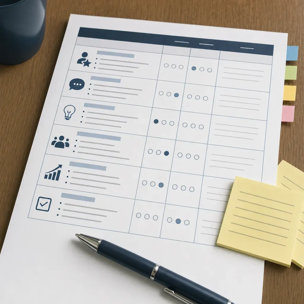Structured interview scorecard on a desk with rating dots, notes and a pen