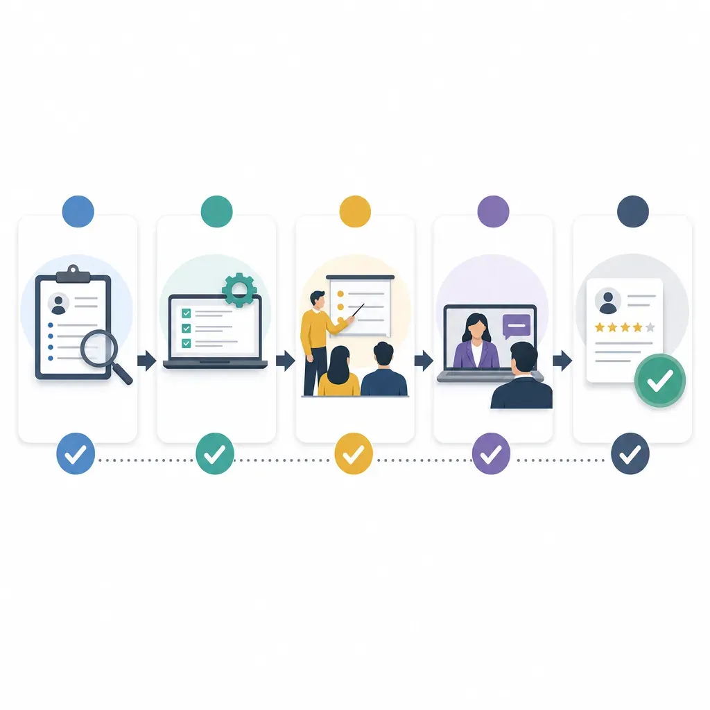 Five-stage hiring flowchart with role review, checklist, training, interview and final scorecard
