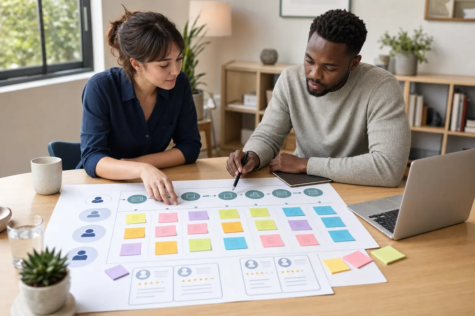 Two people reviewing a structured hiring journey map and candidate scorecards