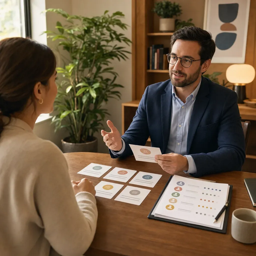 Two interviewers using matching question cards and a structured scorecard