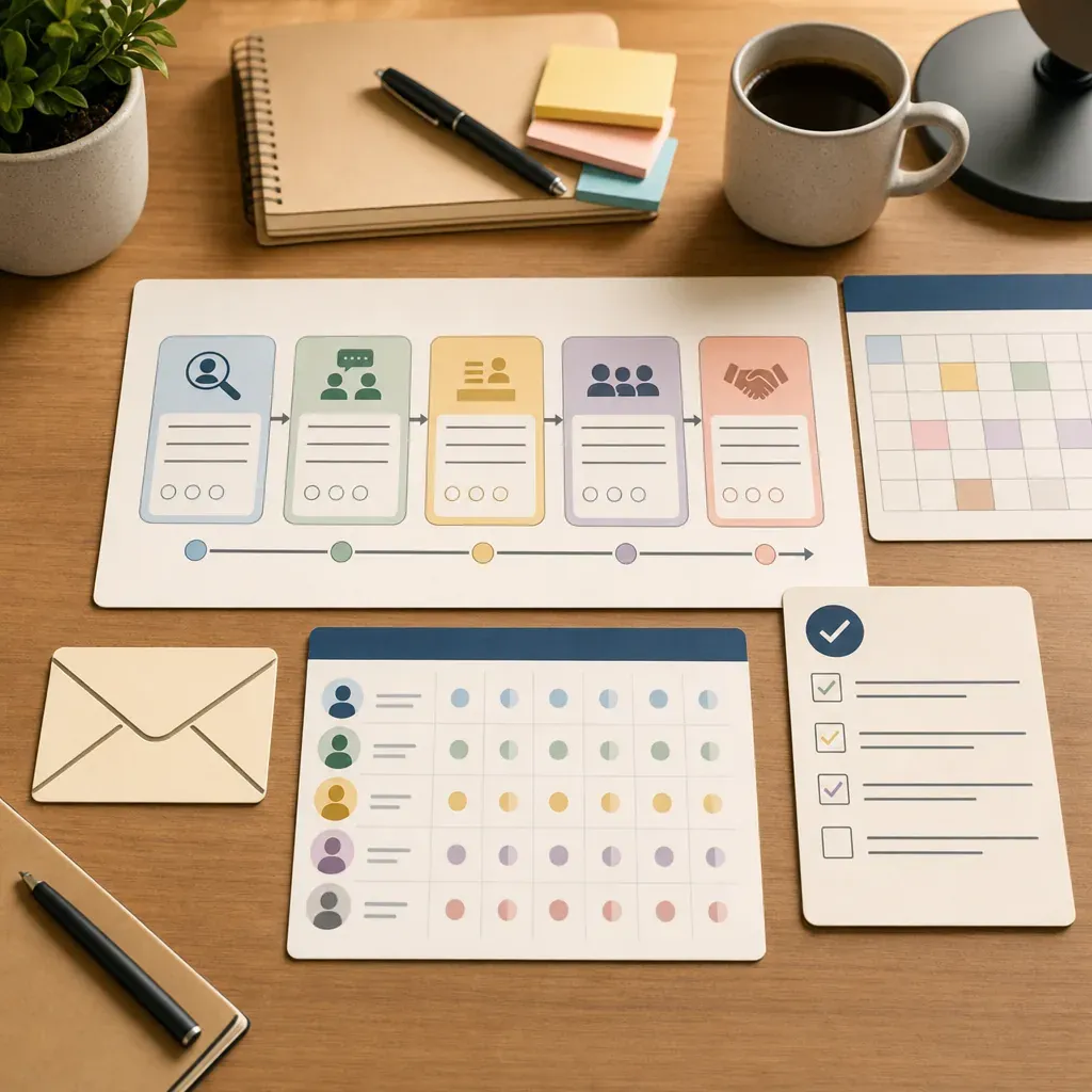 Hiring process cards, a scorecard and a calendar arranged as a candidate experience template